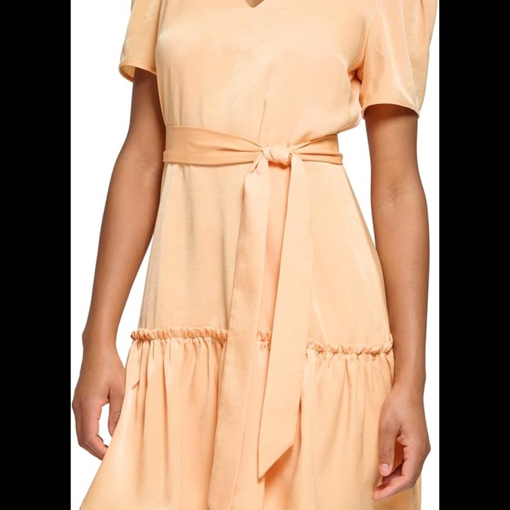 Short sleeve yellow midi dress with bow tie (size 10) Karl Largerfield